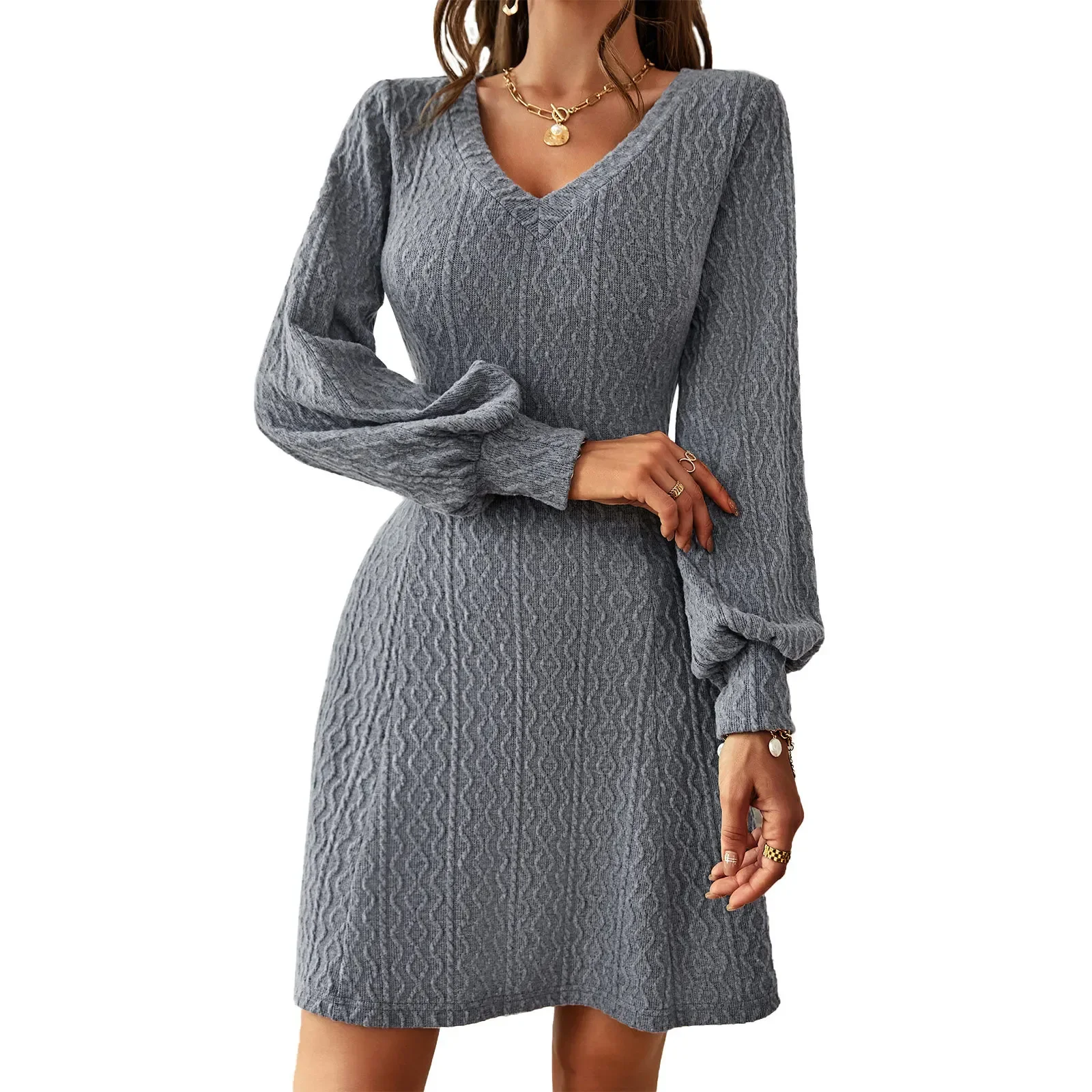 Retro-Knitted-Mini-Women-Bodycon-V-Neck-Full-Sleeve-Wrapped-Hip-Black ...