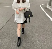 

Women's White Shirts 2022 Spring Long Sleeve Round Neck Plain Single-Breasted Polyester Casual Ladies Blouse Loose Female Top