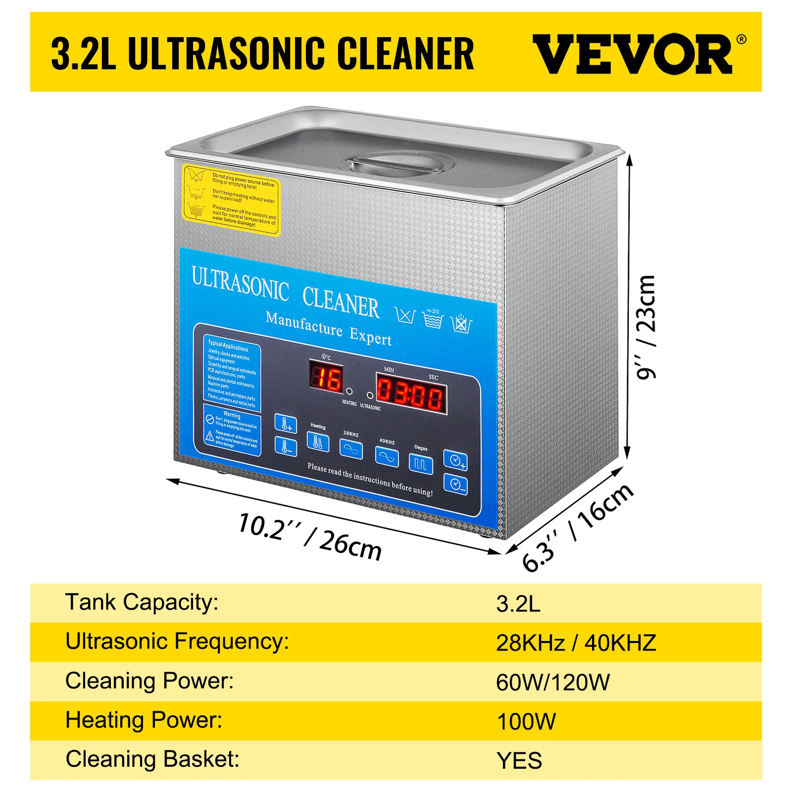 VEVOR Nettoyeur Digital Affichage Ultrasonique 3.2L Appareil de