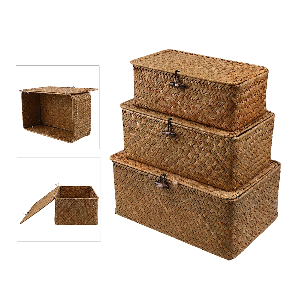 

Seaweed Woven Basket Lids Seagrass Storage Bin Rectangular Organizer Basket Multi-Purpose Storage Container Holder Desktop