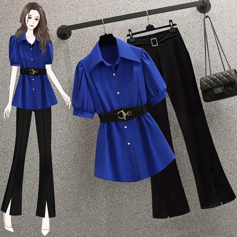 

International large size temperament light mature wind women's summer 2022 lapel mid-length shirt micro-pants two-piece set