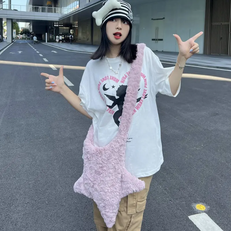 Hylhexyr Star Shape Soft Plush Messenger Bag Candy Color Fashion Cross Body Bags Large Women's Shoulder Handbag