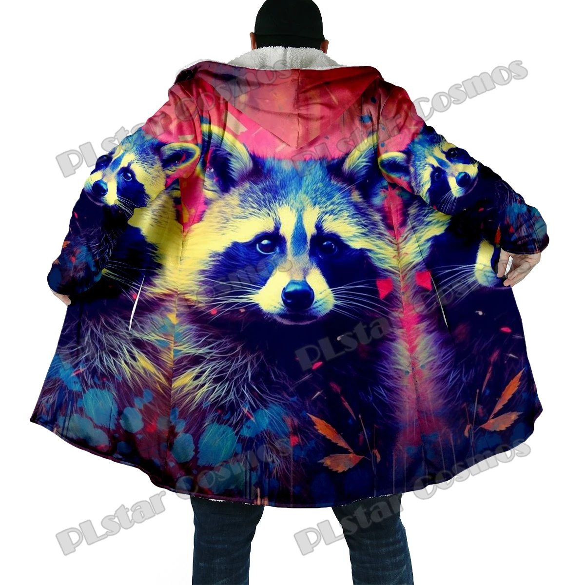 Winter Fashion Men's cloak Animal Bear & Raccoon Pattern 3D Printed Thick Fleece Hooded Cloak Unisex Casual Warm Cape Coat DP71