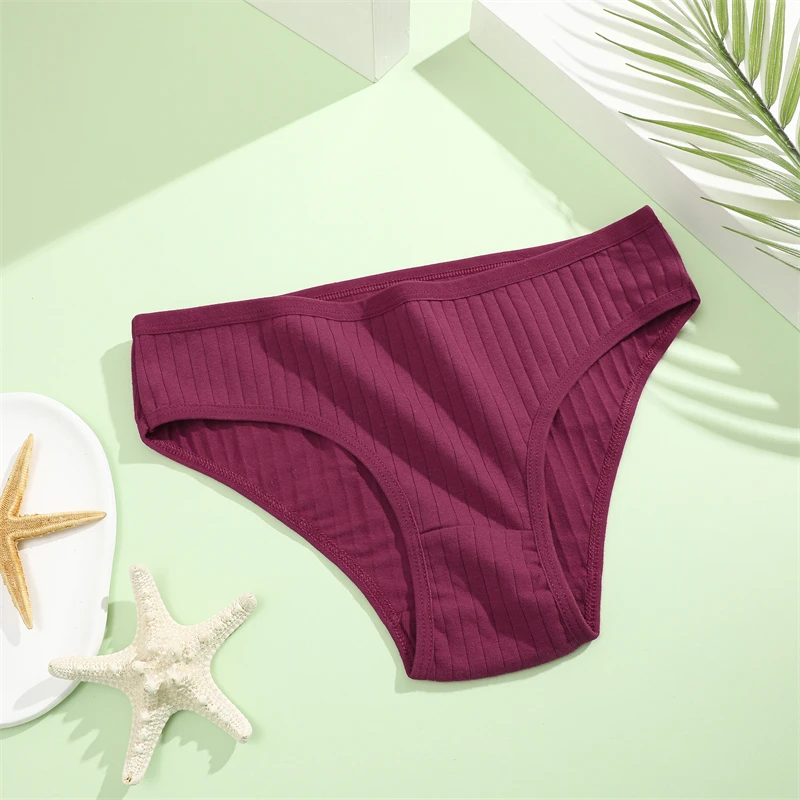 Female Underwear FINETOO 5PCS/SET Cotton Ribbed Striped Underwear Women Plus Size 10 Soild Colours Stretch Briefs Ladies Soft Lingerie S-7XL