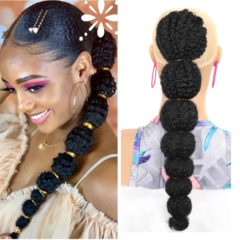 Synthetic Long Afro Puff Yaki Straight Lantern Braid Bubble Ponytails Extension Drawstring Clip In Hairpiece For Black Women