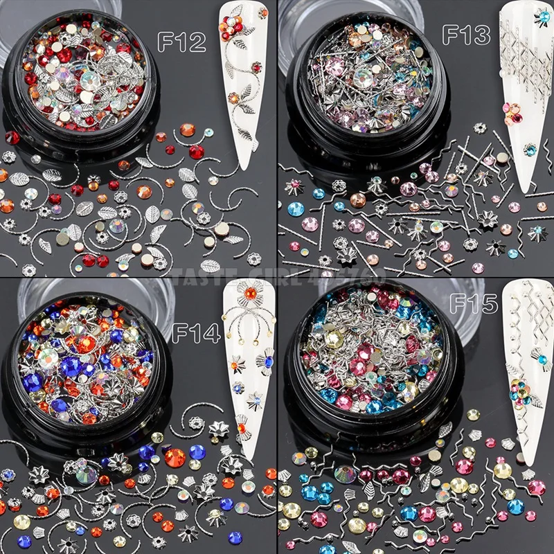 Description Picture 6 of item1 Pot Mix Shape Metal Leaf Caviar Beads Ball Bar Star Moon Acrylic Diamond Nail Art Rhinestones Gems Decorations Manicure DIY F#