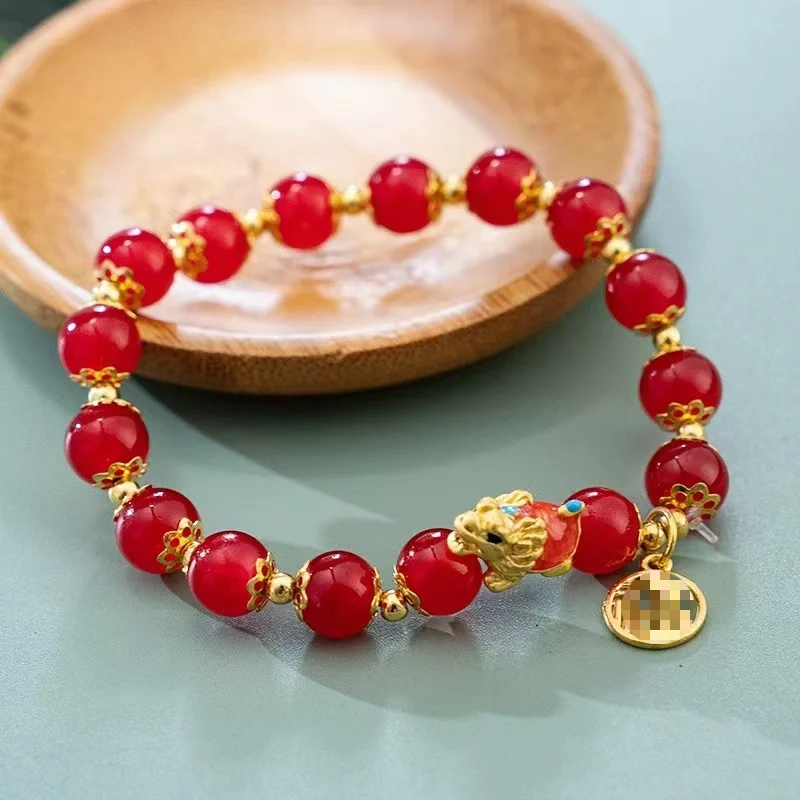 2024 Dragon Année Primordiale Année National Vent Chanceux Marque Dragon Tortue Bracelet Vente Chaude Polyvalent Rouge et Vert Agate Couple Meilleur Ami Cadeau_voghion.com