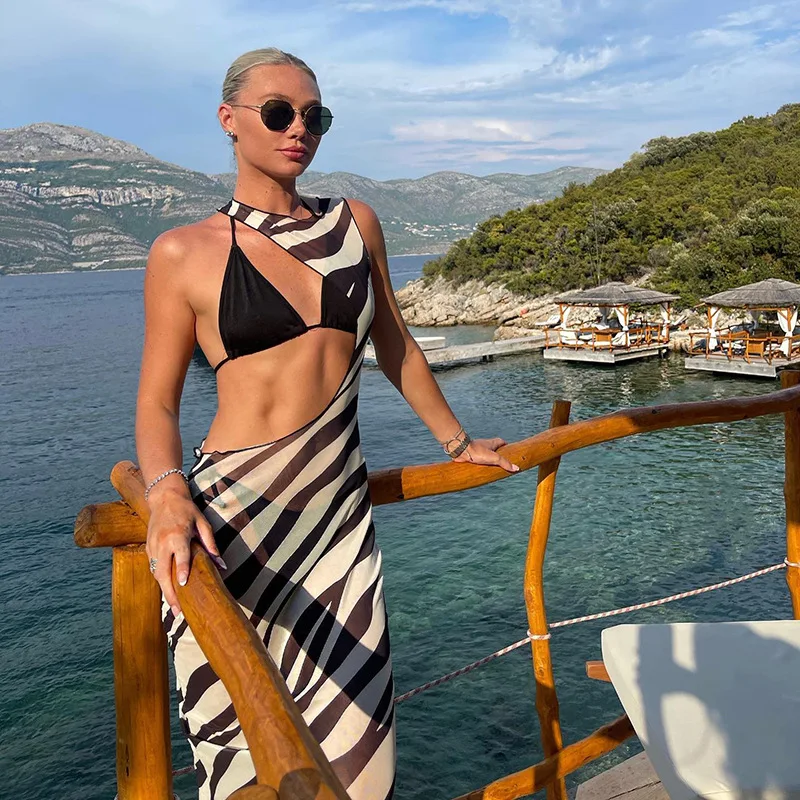 Pq Cover Up|summer Striped Cut-out Beach Dress - Sleeveless