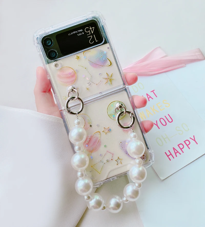 Custodia Trasparente Glitter Space Star Per Catena Di Perle Portatile Samsung Galaxy Z Flip4 /3