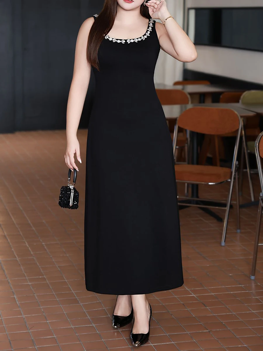 Premium Slim U-Shaped Diamond Neck Black Classic Vintage French Strap Plus Size Women's Long Dress Autumn 2025
