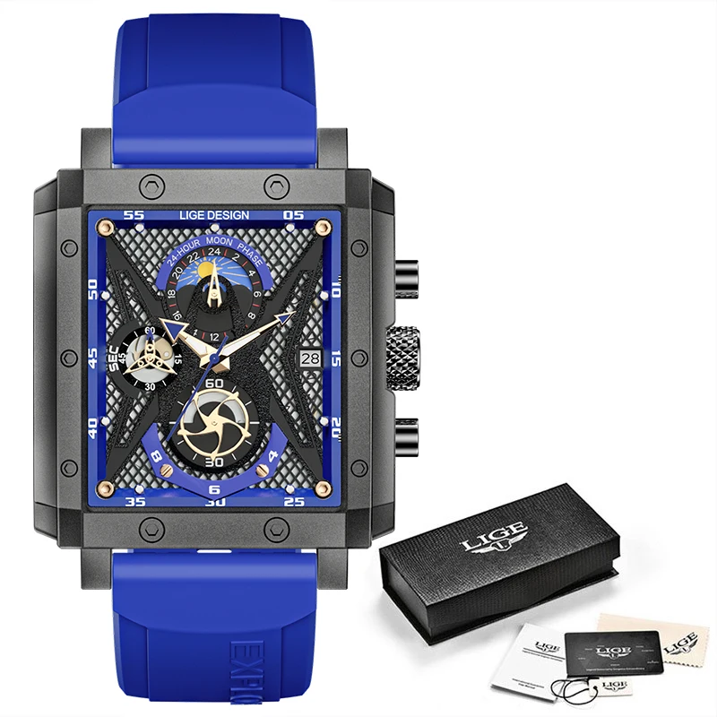 LIGE Men Watches Top Brand Luxury Watch for Men Quartz Fashion Hollow Wristwatch Waterproof Sport Chronograph Square Clock Male 