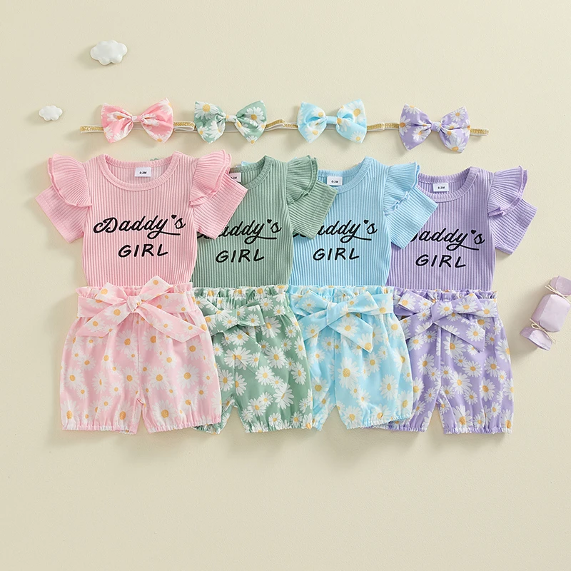 

2024-05-05 Lioraitiin Baby Girls Summer Outfits Letter Print Short Sleeve Romper with Daisy Belted Shorts and Headband 3Pcs Set