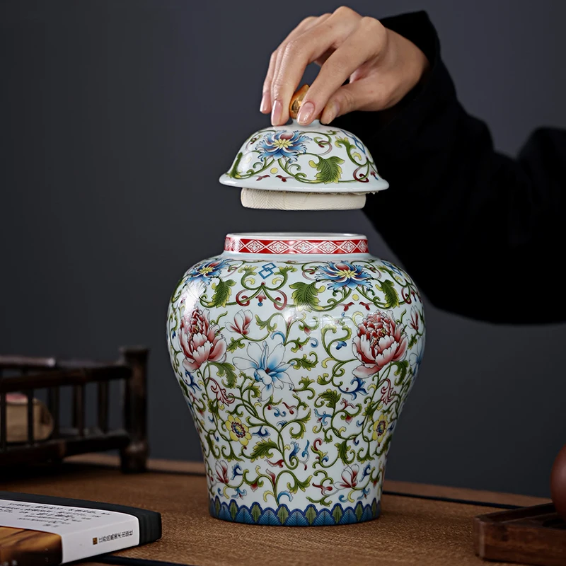 Modern Enamel Painted Flower General Jar Ceramic Sealed Tea Jar Gilded Art Decorative Crafts Storage Bottle Home Decoration tea canister