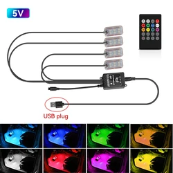 LED Car Interior Ambient Foot Strip Light Kit with Remote App Music Control - RGB Decorative Lamp (5V USB Remote)