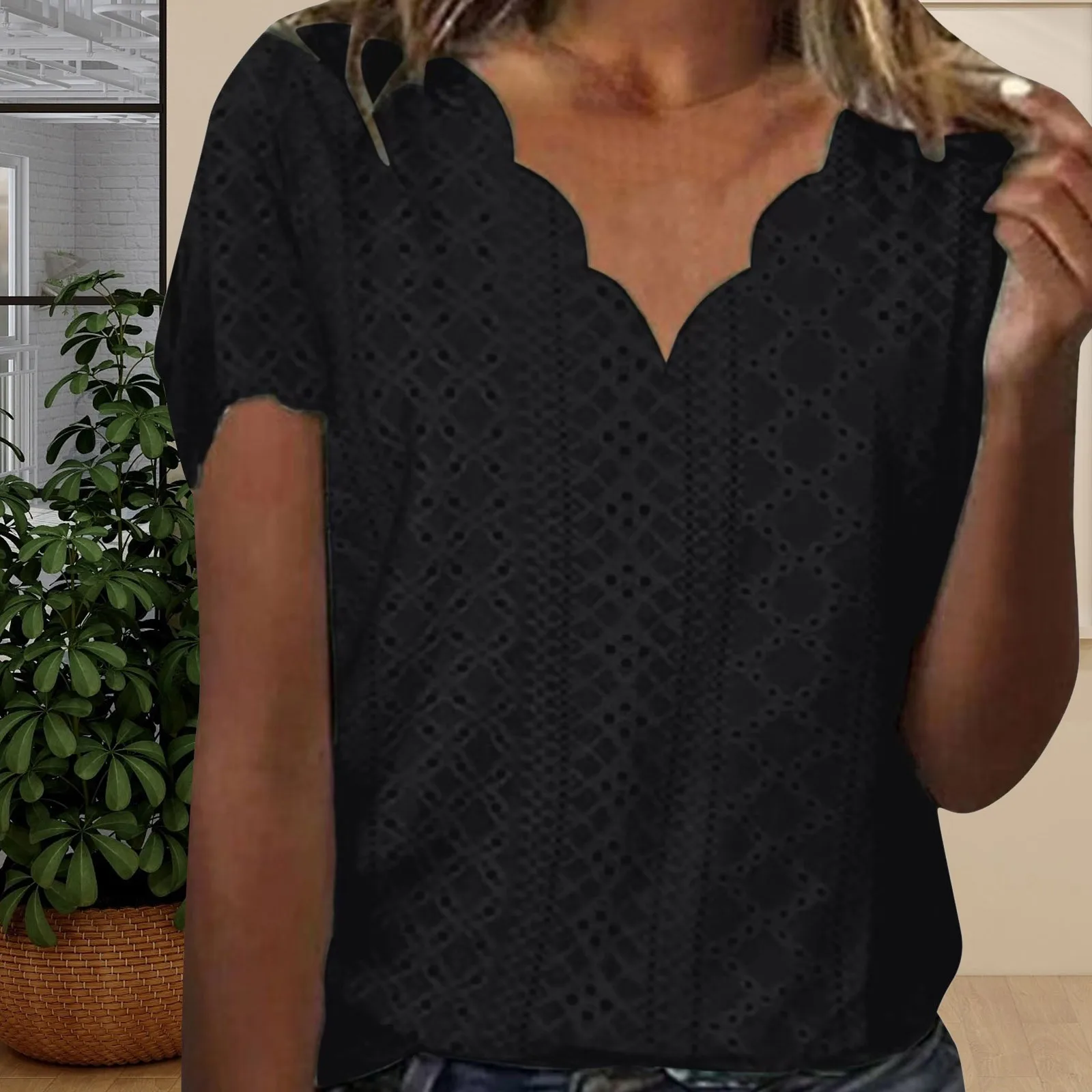 

Women's Comfortable Breathable Jacquard Short Sleeve Knitted V Neck Lace Side Solid Color T Shirt Tops Casual Knitwear