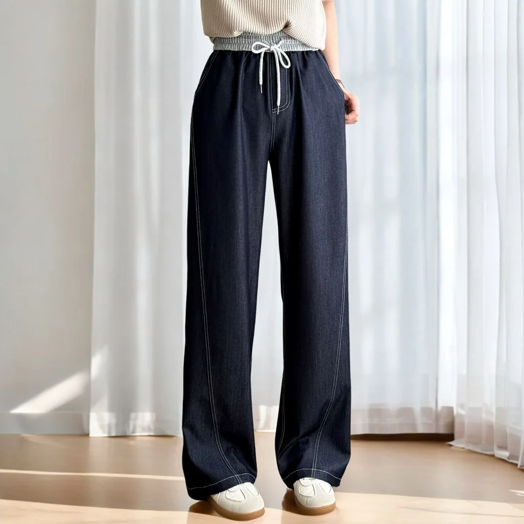 Spring Summer Wide Leg Jeans New 100kg  Temperament Color Waist Thin Lyocell Plus Size Women Bright Line Straight Trousers 2517