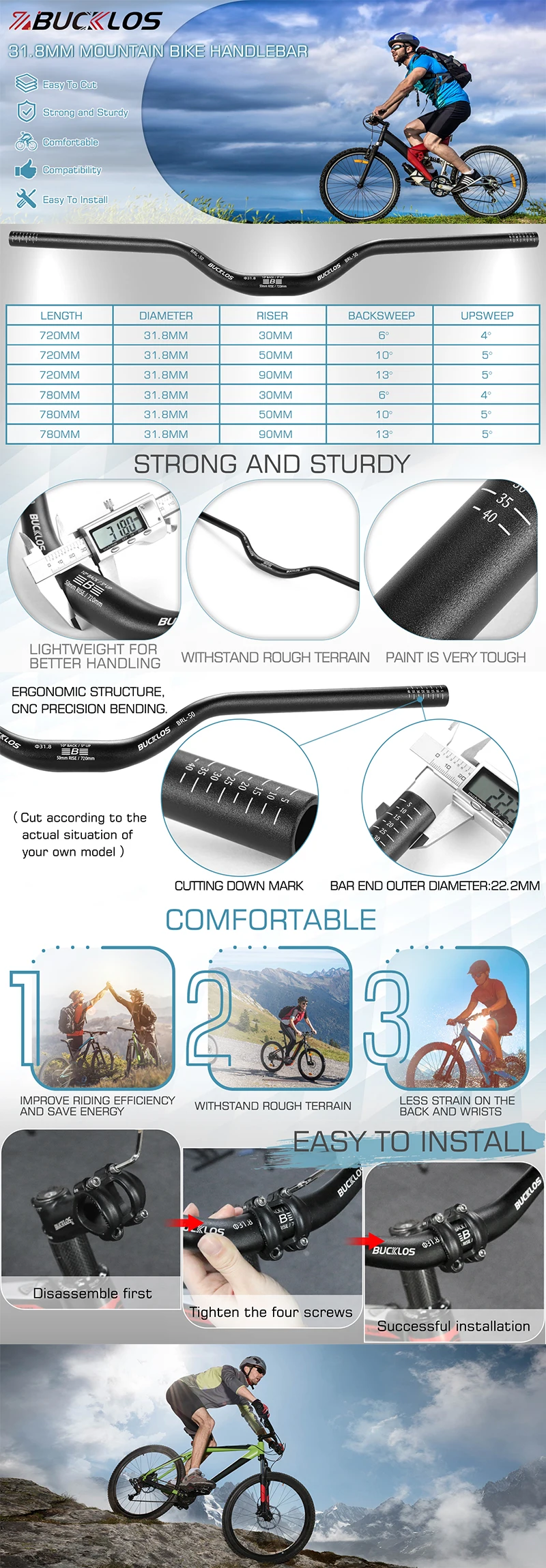Manubrio MTB In Alluminio - 720mm O 780mm - Per Mountain Bike E Cross Country - Foto 10