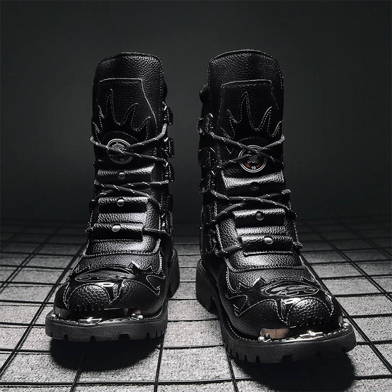 Black Leather Men's Platform Ankle Boots Square Toe Lace Up Shoes_voghion.com