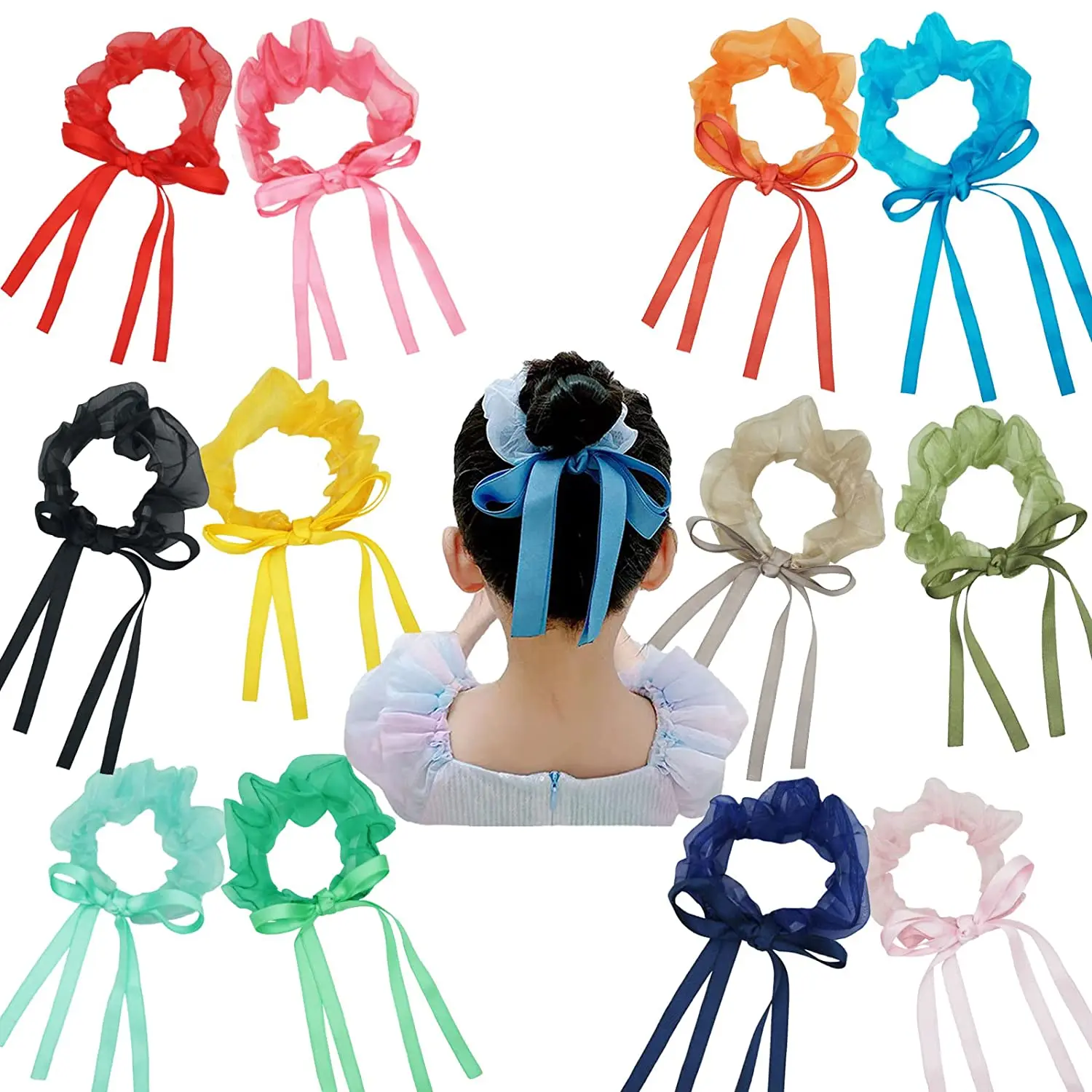 

12Pcs Fairy Organza Hair Scrunchies with Ribbon Hair Bows Durable Hair Ties for Thick Hair Ponytail Holders Toddler Girls