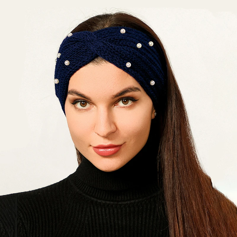 Bandeau tricoté avec perles croisées pour femme et fille, Turban noir noué  en laine, chaud, accessoires pour cheveux, automne hiver | AliExpress