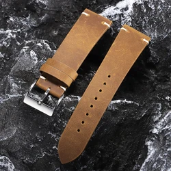 Handcrafted Vintage Oil Wax Leather Watch Band - Premium Cowhide with Timeless Stitching - 22mm (Brown)