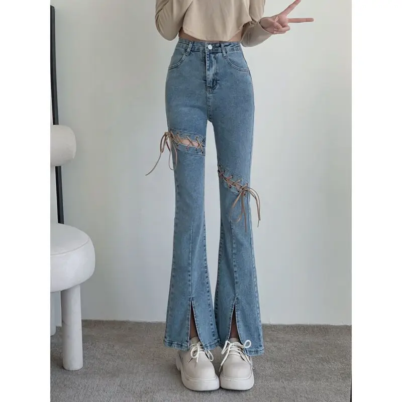 Spice Girl Micro Trumpet Women's Large Size High Waist Slimming Straight Tube Slit Design Sense Tight Lace-up Denim Pants