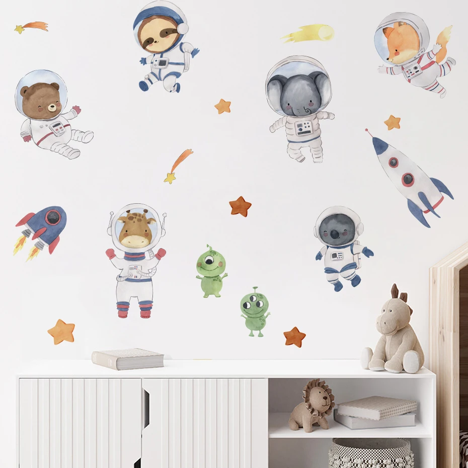 Cartoon Space Animal Astronaut Wall Stickers Rocket Wall Decals Art Murals Children Bedroom Nursery Baby Room Home Decor