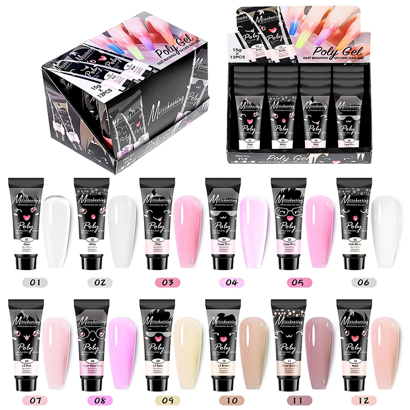 12 teile/satz verlängerung Gel Nail Art semi permanente Acryl Glitter fluor zierende nackte bunte schnelle Gebäude Hybrid Lack UV-Nägel