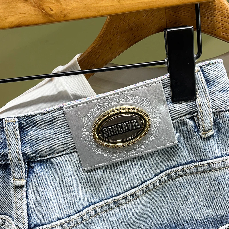 2024 summer new high-end rainbow blue patchwork patch men's straight jeans shorts handsome personality hole in the pants