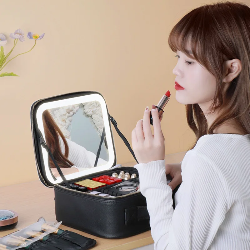 Smart LED Makeup Case w/ Mirror & USB Charging | Waterproof Travel Cosmetic Bag for Women, Portable Vanity Adjustable Light