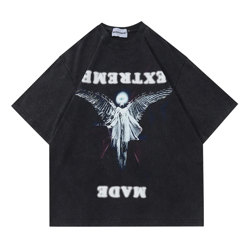 

Summer Men Washed Oversized Tshirts Hip Hop Angel Graphic Printed T Shirts Vintage Streetwear Harajuku Casual Unisex Tops