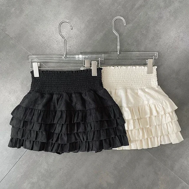 Mini jupes à volants pour femmes, Streetwear, doux, Kawaii, taille haute, dentelle, ligne A, mode coréenne, robe de bal noire, été 1