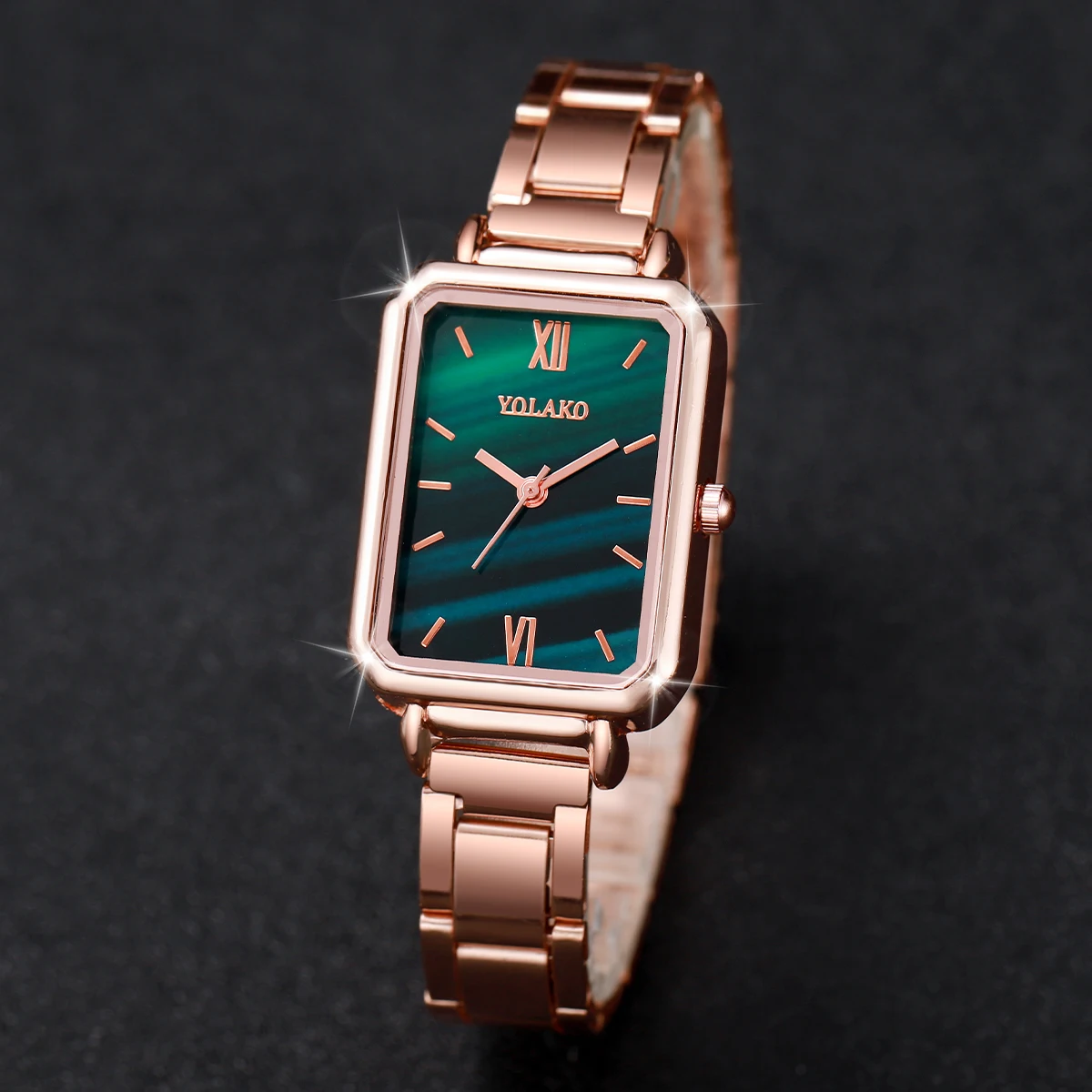 5PCs/Set Classic Women's Watch Set Fashion Stainless Steel Rectangular Dial Green Watch Bracelet Set
