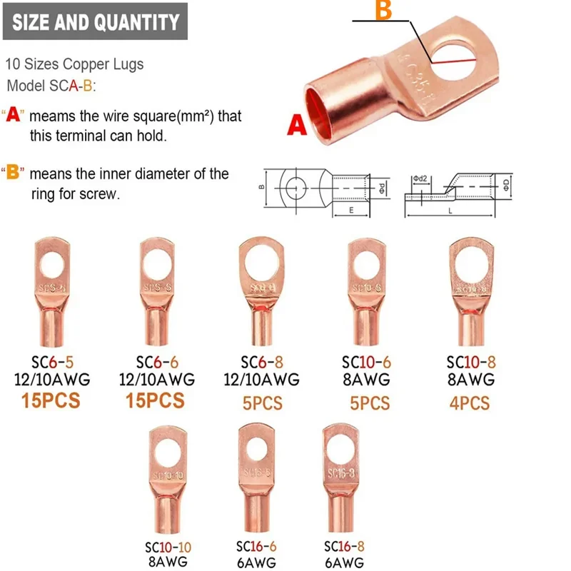 Copper Terminal Connectors AWG 4 6 8 10 12 Ring Lug Kit With Shrink Tubing 50 Battery Cable Lugs With 50 Shrink Tubing 100pcs