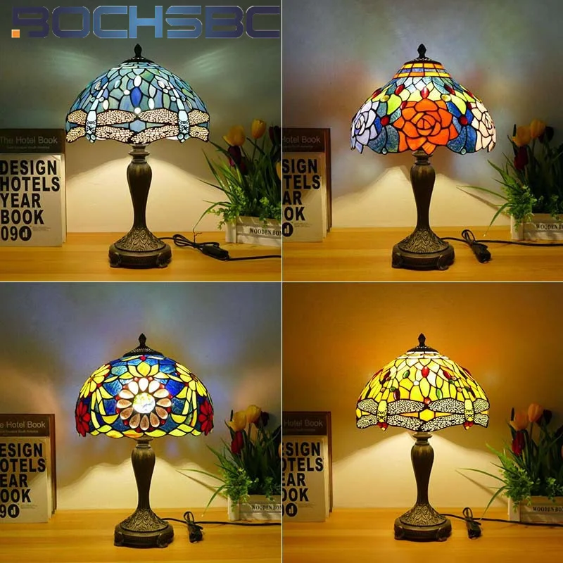 

BOCHSBC Tiffany style stained glass Mediterranean retro desk lamp for bedroom bedside lamp study dining room LEDdecor table lamp