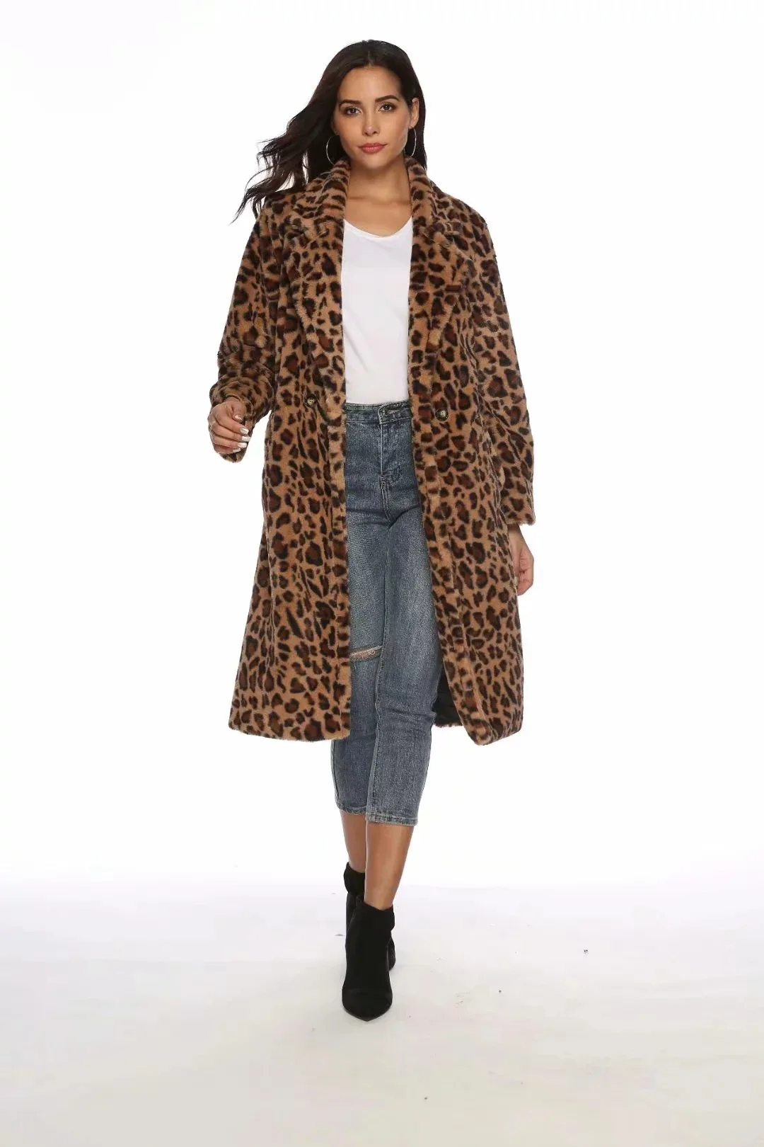 

New Women's Long Leopard Pattern Faux Fur Coat Fashion Versatile
