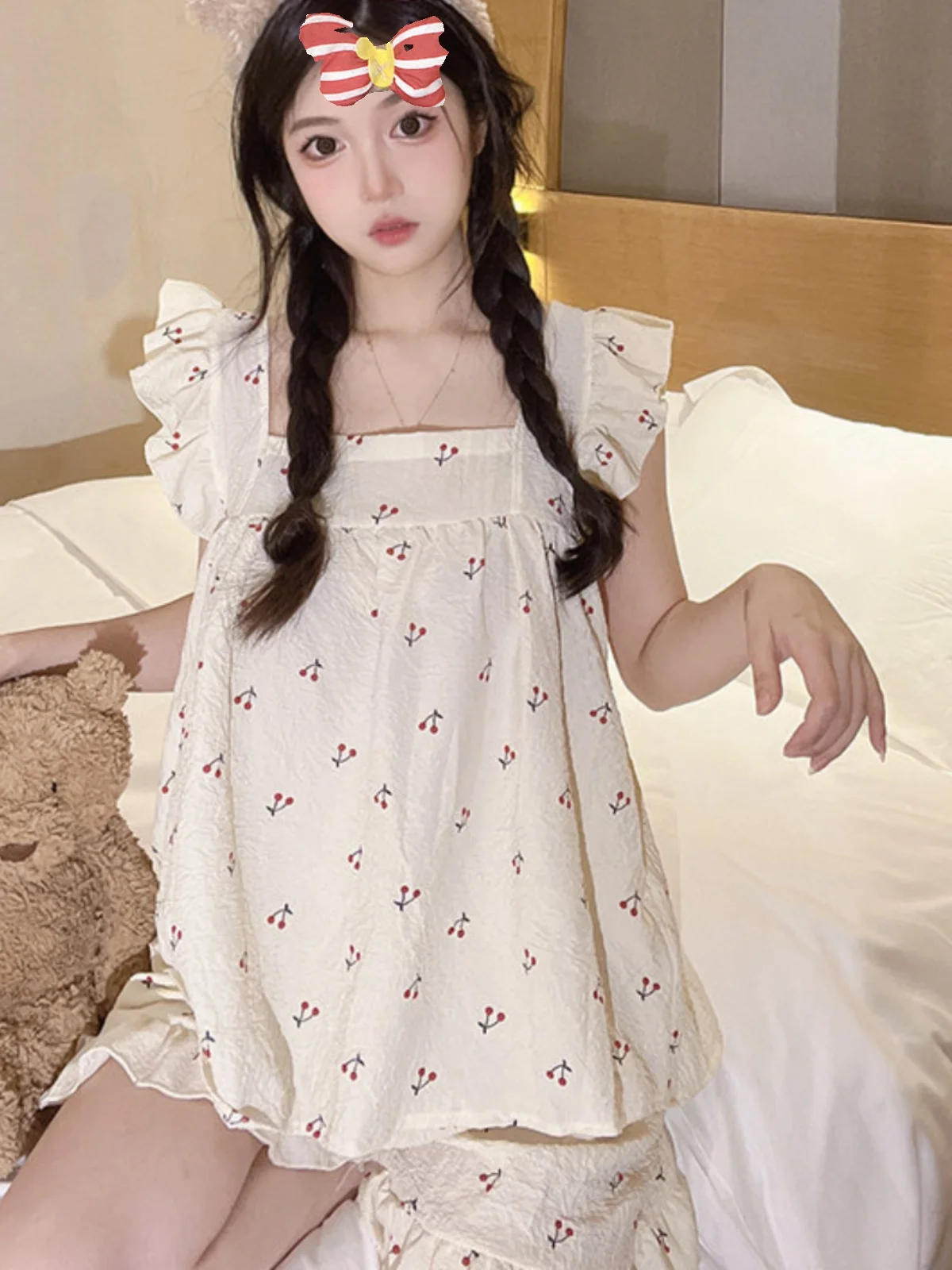 Summer Cute Cherry Girl's Sleepwear Strap Cotton Linen Thin Home Clothes Set Short Pants Gauze Cotton Linen Lightweight Sweet... - 2