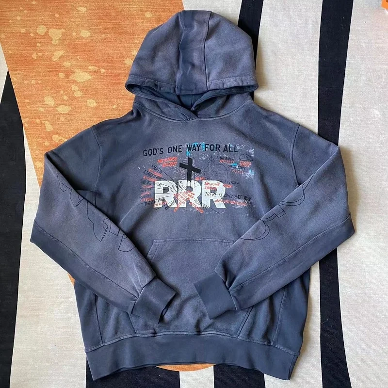 

RRR123 Water Washed Vintage Heavy Craft Letter Printed Stretch Men's And Women's Loose Fitting Sports Hoodies
