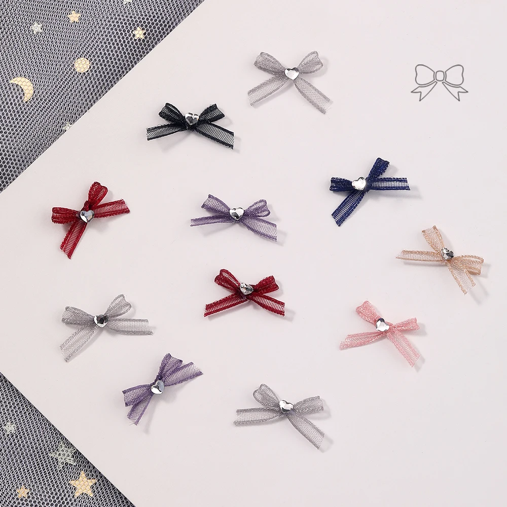 

10pcs 3D Pink Black Red Lace Bow Nail Parts Heart Rhinestone Nail Charms Ribbon Bowknot DIY Nail Art Decoration Accessories