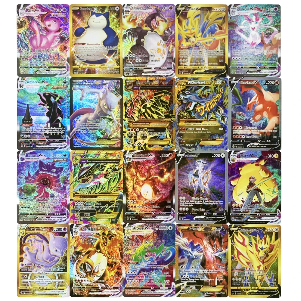 10-100 Stück Englisch Französisch Spanisch Deutsch Italienisch Pokemon Vmax GX EX Flash Karte Glurak Pikachu Handelskarte Kinder Pokemon Spielzeug Geschenk