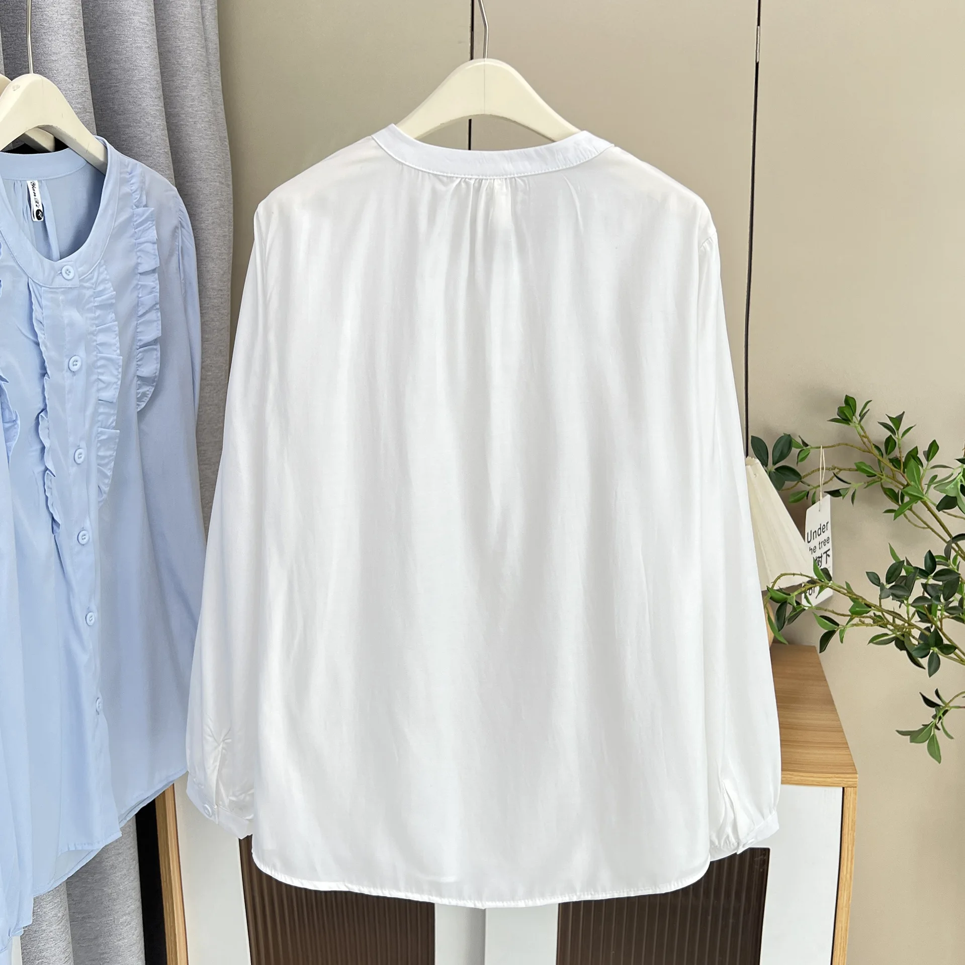 Fashion Plus Size Women's Blouses Autumn Style Ruffled Long Sleeve Chic Solid Color Ice Silk Cotton Shirt 2505