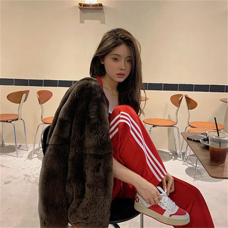 Winter Warm Luxury Fur Coat Ladies High Quality Rex Rabbit Fur Coat Solid Color Design Plush Cold Prevention Coat
