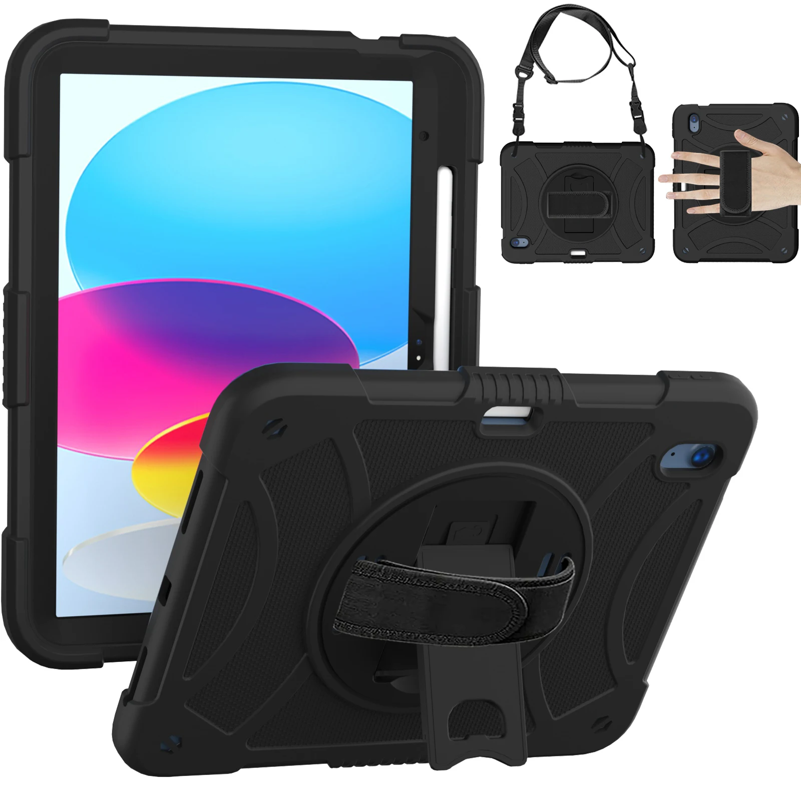 

For iPad 10th 10.9" 2022 Case Rotable Hand Shoulder Strap Shockproof Kids Safe Stand Tablet Cover For Air 5 10.9 Mini 6 9th 10.2