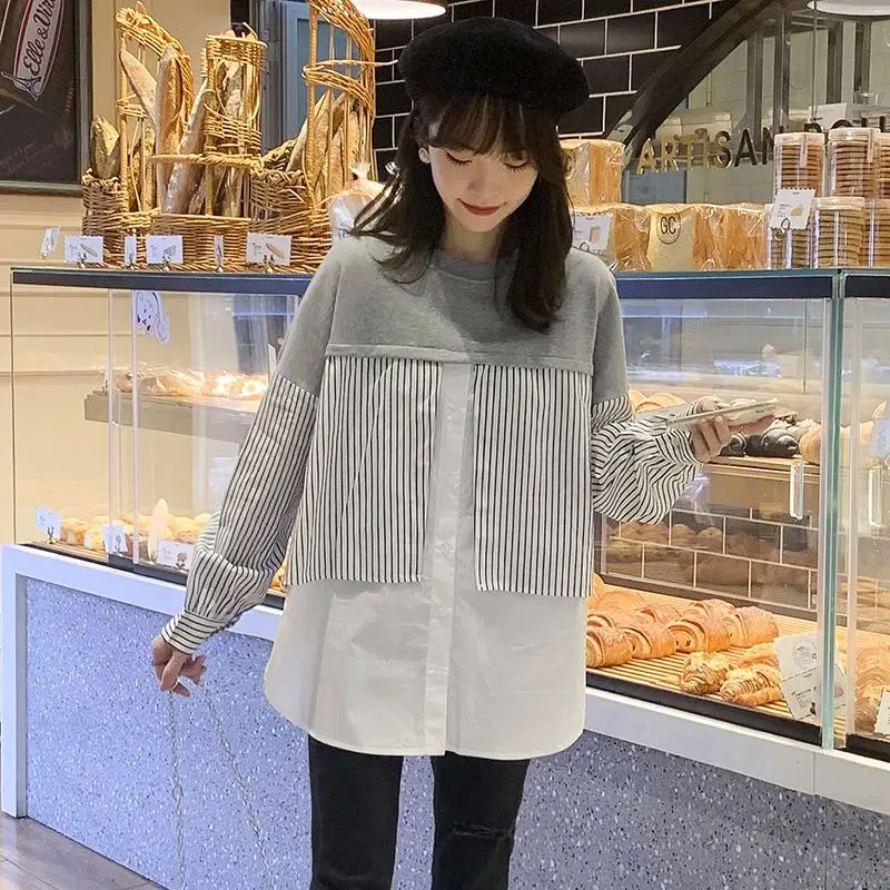 Fashion O-Neck Spliced Loose Striped Fake Two Piece Blouse Female Clothing 2023 Autumn Winter New Casual Tops All-match Shirt blouses cut out cowl neck fake two piece blouse in gray size l m s