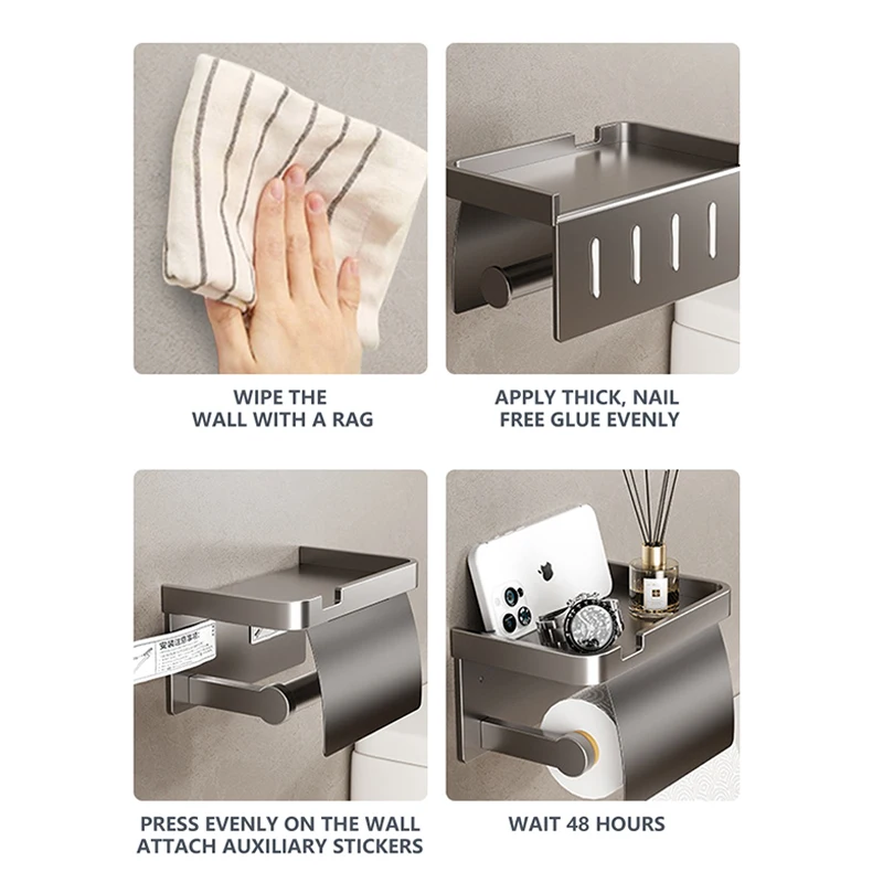 Wall Mounted Toilet Paper Holder with Storage Tray Phone Holder Aluminum Bathroom Paper Towel Holder Bathroom Accessories
