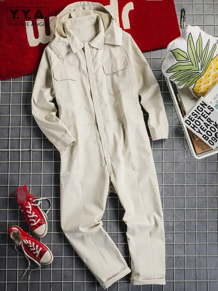 Mens Work Cargo Jumpsuits Spring Autumn Long Sleeve Hooded Overalls