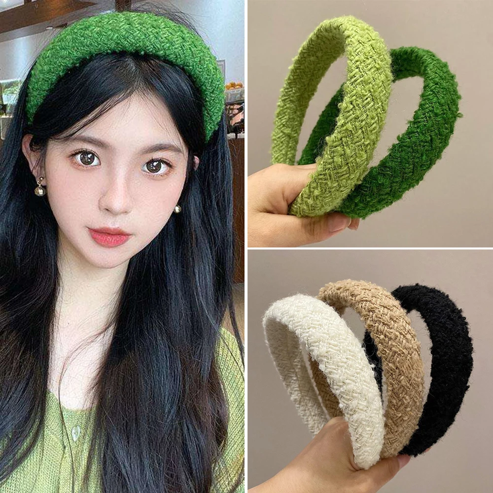 

Обруч для волос Женский вязаный из зеленого плюша, широкая повязка на голову в стиле ретро, простой аксессуар на голову, Осень-зима