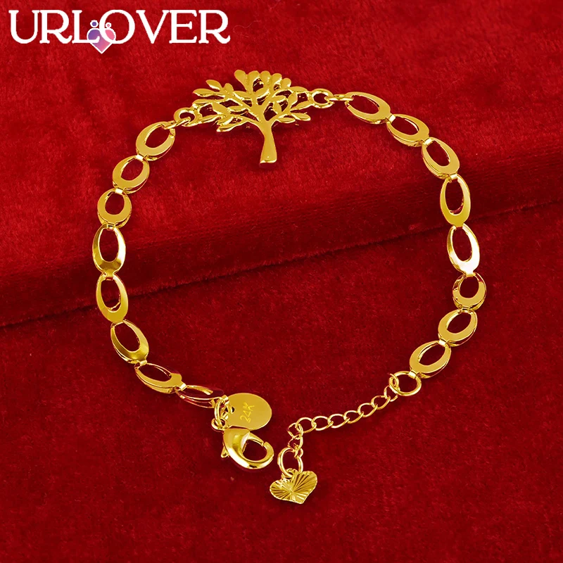 

URLOVER 24K Gold Bracelet For Woman Tree Pendant Bracelets Fashion Party Wedding Engagement Birthday Charm Jewelry Lady Gift