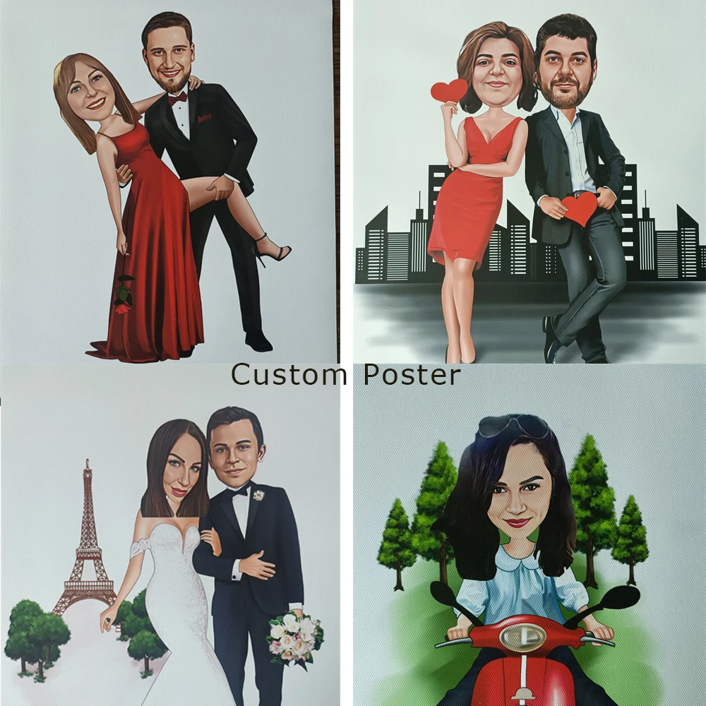 Affiche personnalisée de couple de moto, conception de portrait de dessin animé, impressions personnalisées, mari et femme, Saint Valentin, meilleur