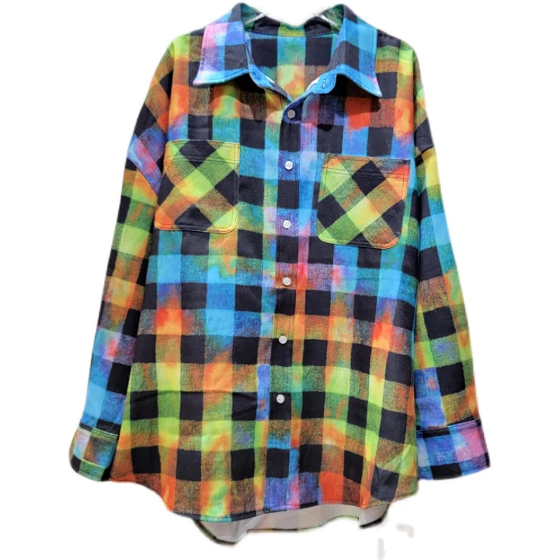 

New Design Gradient Color Contrast Square Plaid Wool Loose Single Breasted Turn Down Collar Shirts Fashion